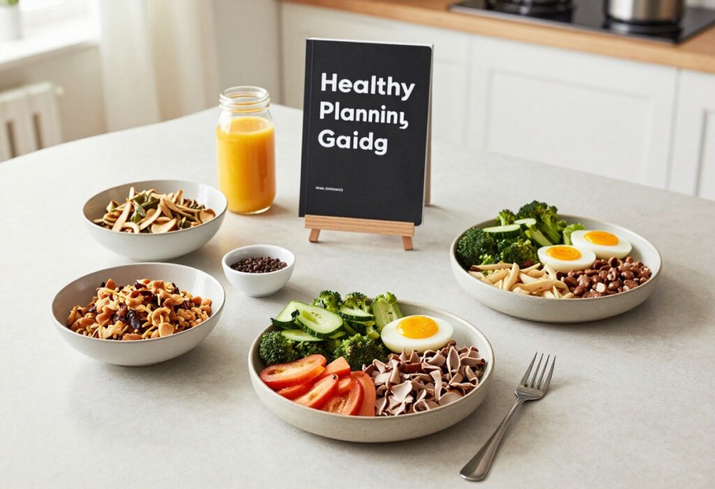 Prepped ingredients in glass containers on a kitchen counter for balanced meal prep