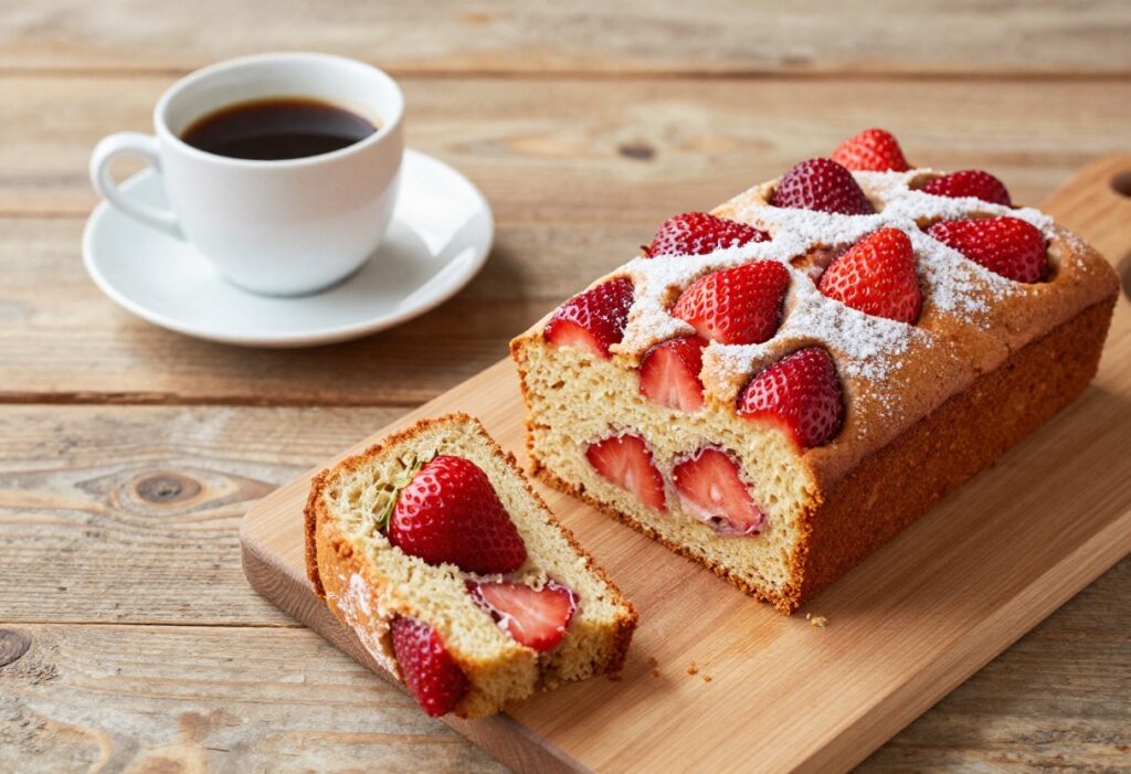 A slice of strawberry coffee cake on a wooden table with a coffee cup nearby