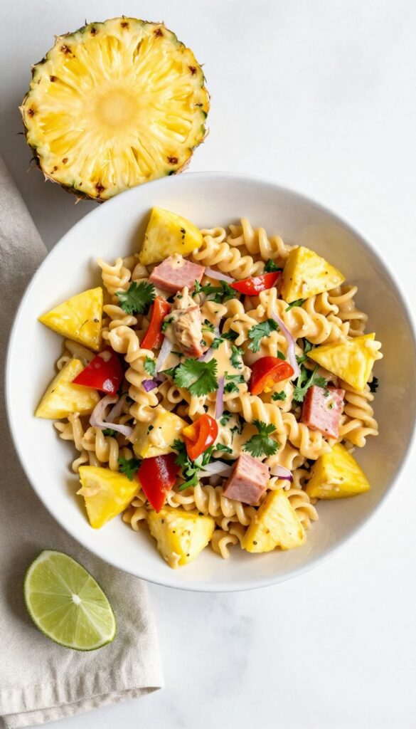 Hawaiian chicken pasta salad with pineapple and ham in a white bowl on a wooden table.
