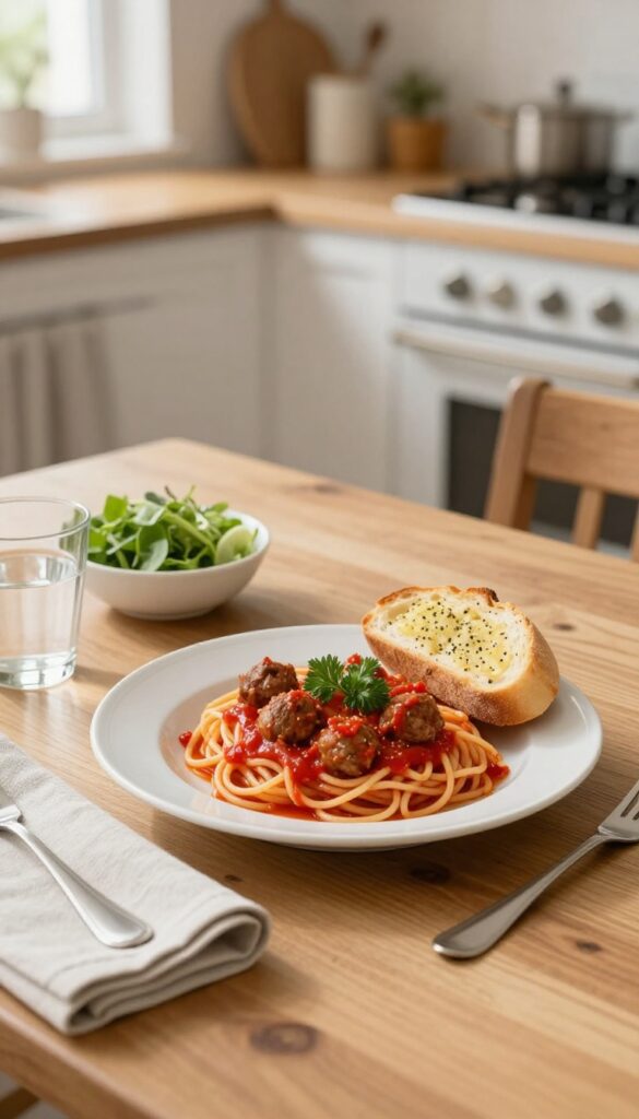 Spaghetti and meatballs with garlic bread and salad on a wooden table in natural light