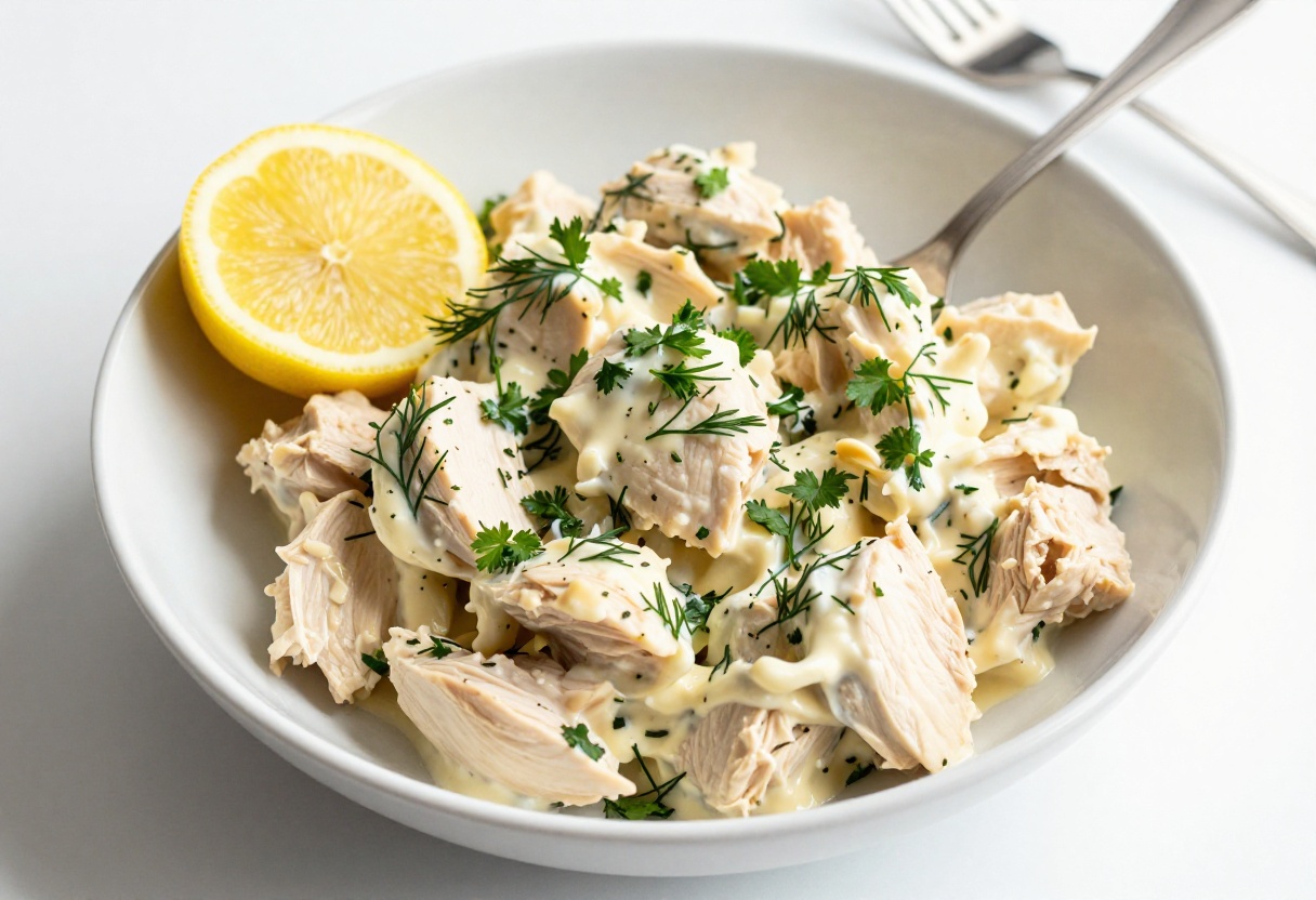Bowl of creamy chicken salad with fresh herbs and lemon wedges