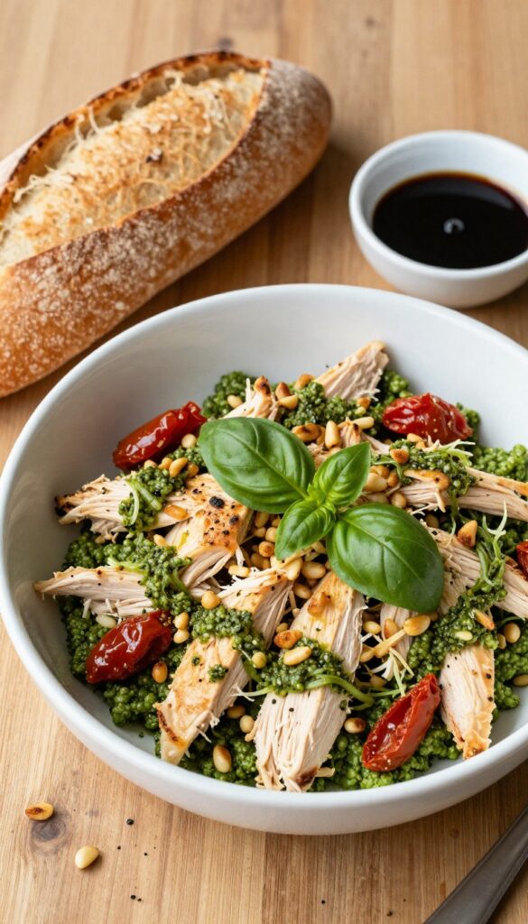 Pesto chicken salad with sun-dried tomatoes in a bowl on a wooden table, with ciabatta roll and balsamic vinegar.