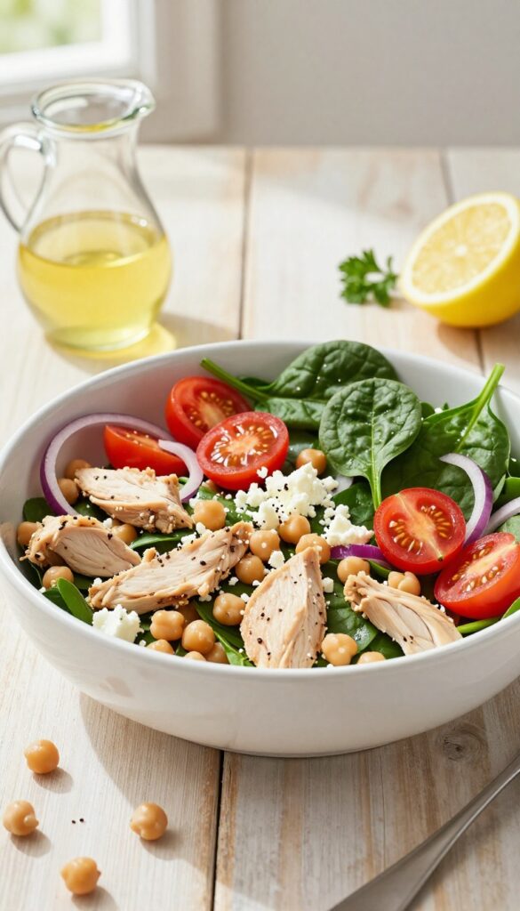 Spinach and chickpea chicken salad with lemon vinaigrette in a white bowl on a wooden table