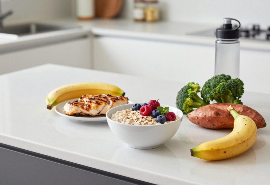 Healthy athlete meal prep on a kitchen counter with oatmeal, chicken, vegetables, and fruit.
