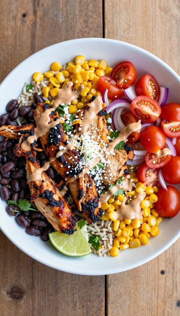 Smoky BBQ chicken and black bean bowl with cilantro-lime rice, black beans, corn, tomatoes, red onion, and chipotle ranch dressing.