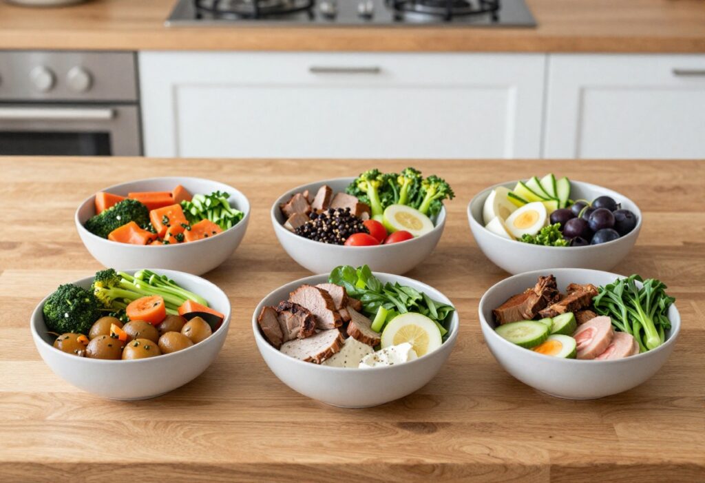 Colorful raw food meal prep spread with smoothie bowl, zucchini noodles, and stuffed peppers
