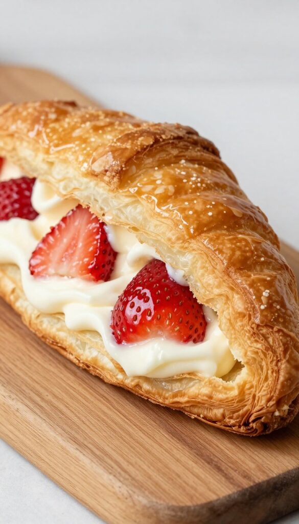Vegan strawberry cream cheese danish on a wooden board, golden flaky pastry, creamy filling, fresh strawberries, bright natural light.