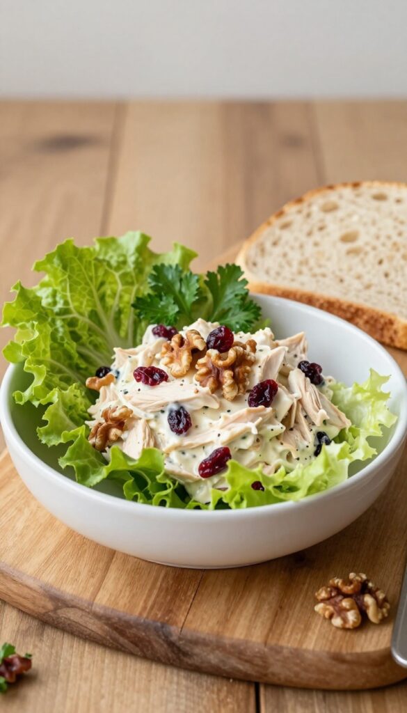 Creamy chicken salad with dried cranberries and walnuts in a white bowl, with butter lettuce cups and whole-grain bread on a rustic wooden table.