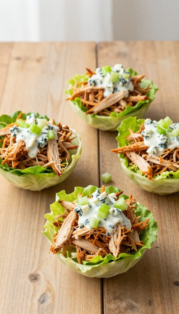 Buffalo chicken salad lettuce cups with blue cheese and celery on a wooden table