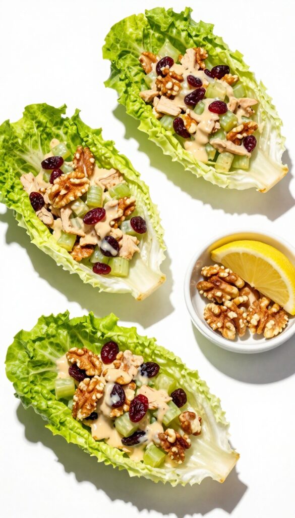 Butter lettuce cups filled with cranberry walnut chicken salad on a wooden table.