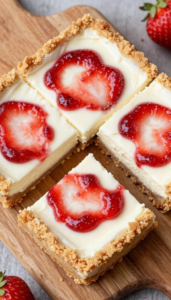 Classic baked strawberry cheesecake bars with graham cracker crust and strawberry jam swirls