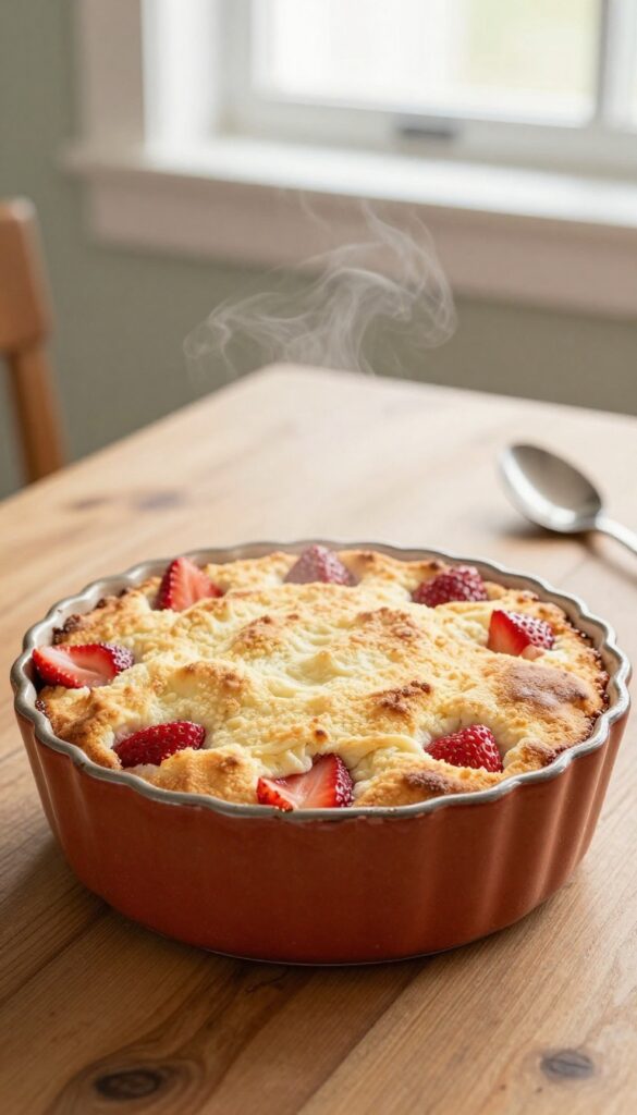 Slow cooker strawberry cobbler with golden topping and visible strawberries, steam rising, on a wooden table with a spoon.