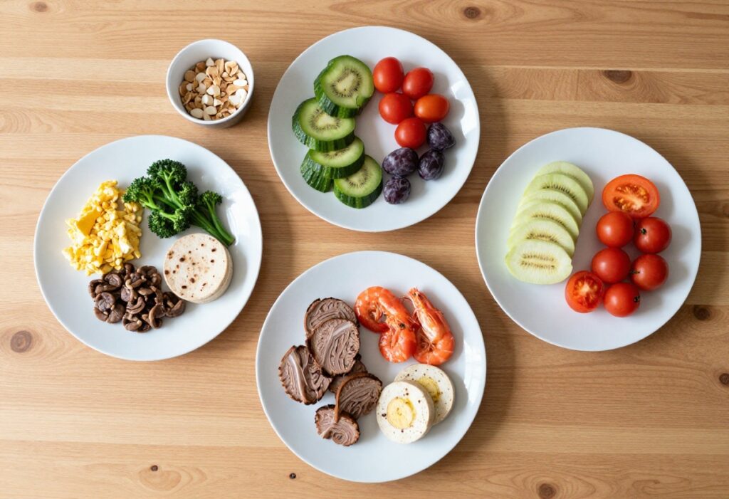 Three balanced plates representing the three phases of the Fast Metabolism Diet