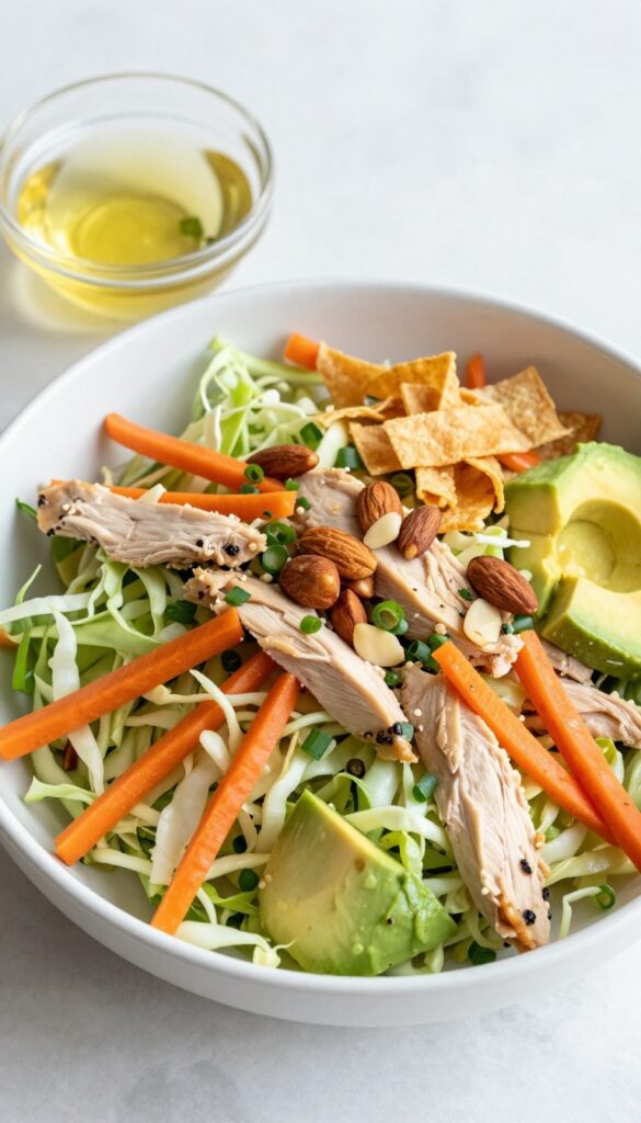 Crispy wonton chicken salad with avocado in a bowl, with a side of soy-ginger vinaigrette.