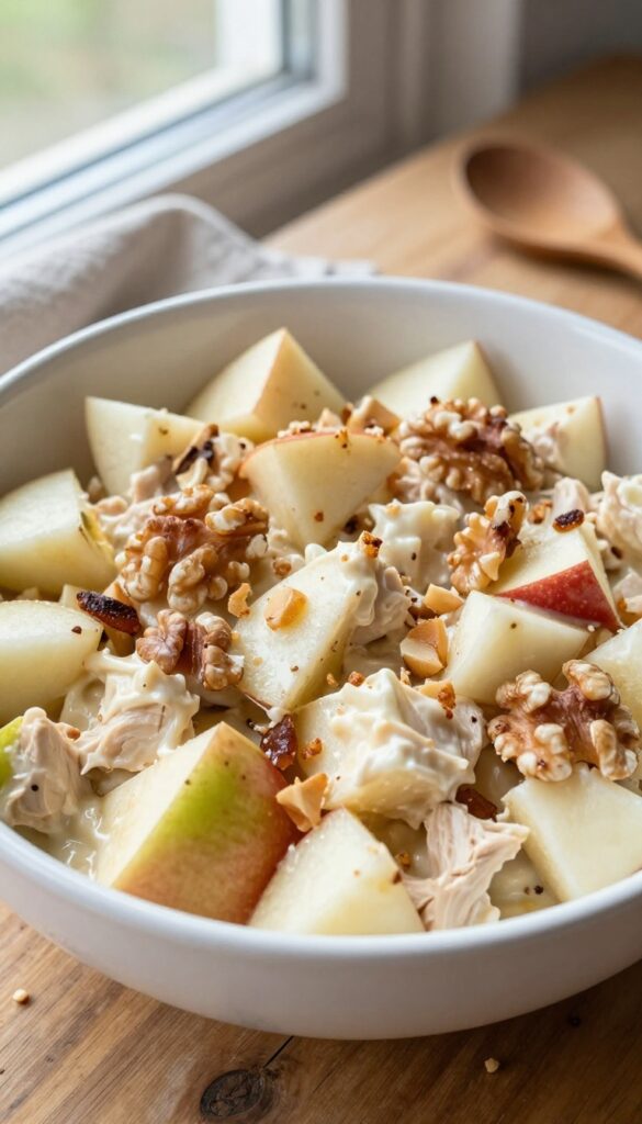 Crunchy apple chicken salad in a white bowl with diced apples and toasted walnuts on a wooden table