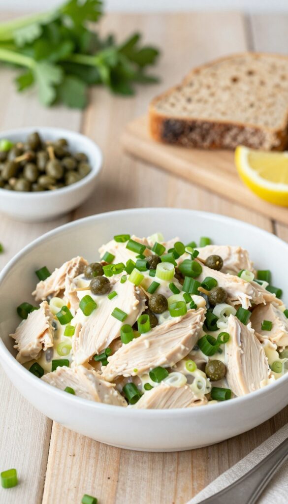 Creamy chicken salad with green onions and capers in a white bowl, served with rye bread and garnished with capers and green onions.