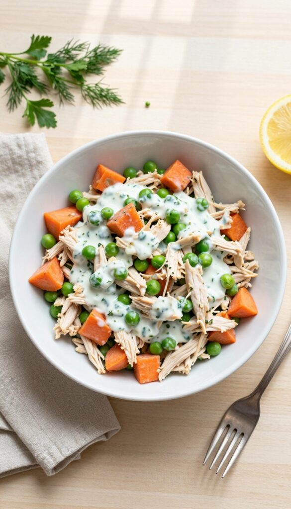 A bowl of lemon herb chicken salad with steamed carrots and peas on a wooden table.