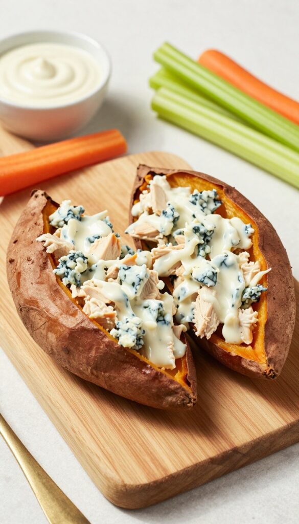 Buffalo chicken salad stuffed sweet potatoes on a wooden board
