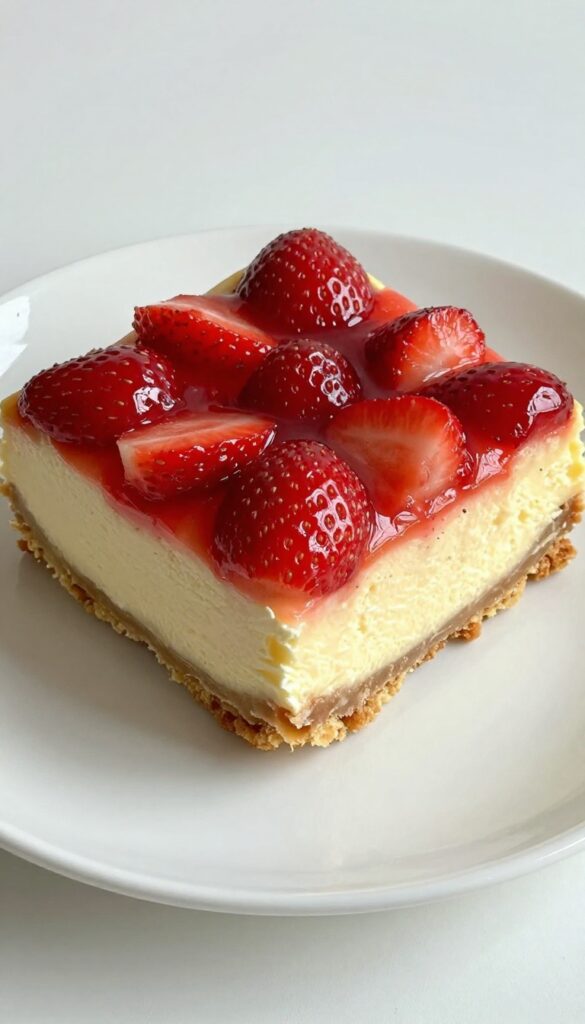 No-bake strawberry lemon cheesecake bars with graham cracker crust and fresh strawberry topping