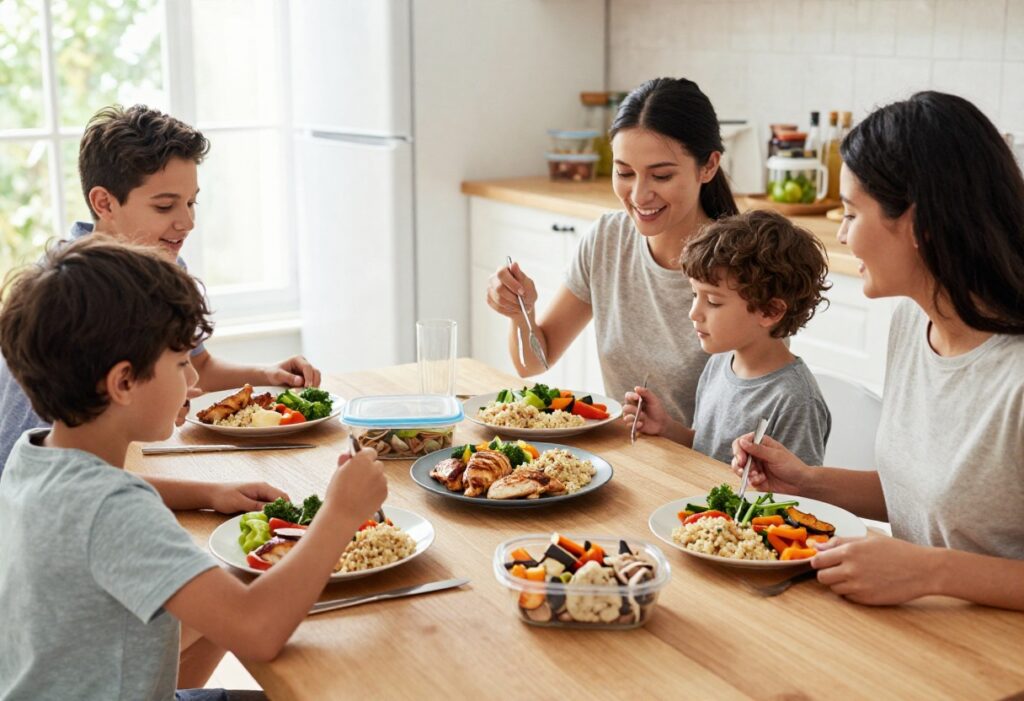Family enjoying a healthy dinner together with balanced plates of chicken, vegetables, and grains.