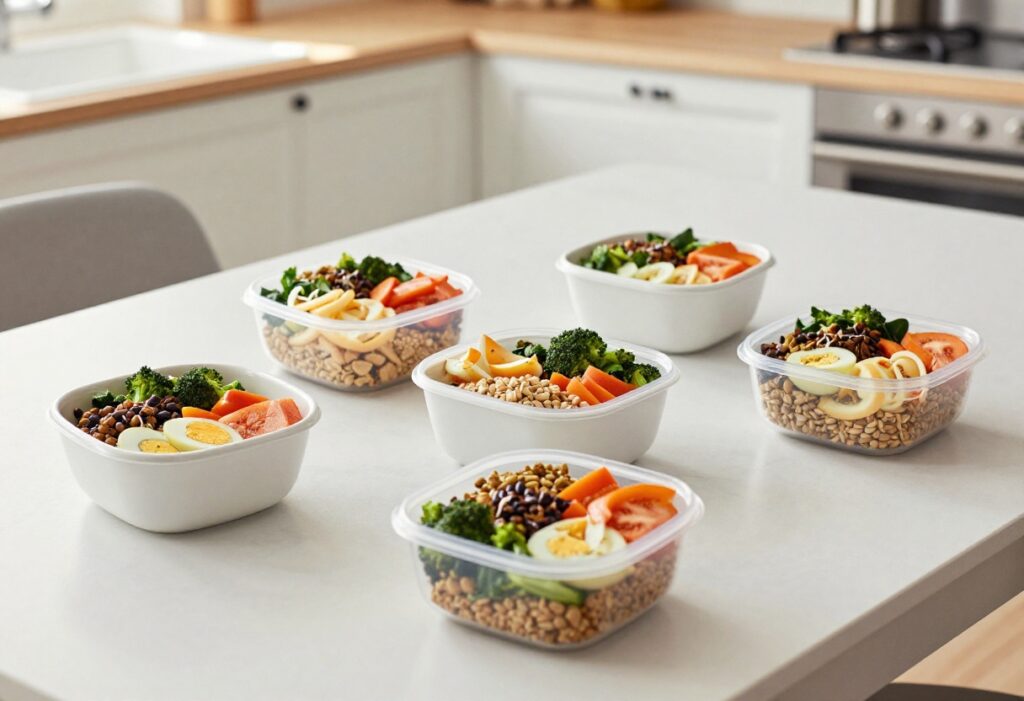 Weekly meal prep containers with breakfasts, lunches, and dinners on a wooden table