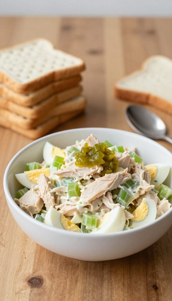 Chicken salad with relish and eggs served with crackers and bread