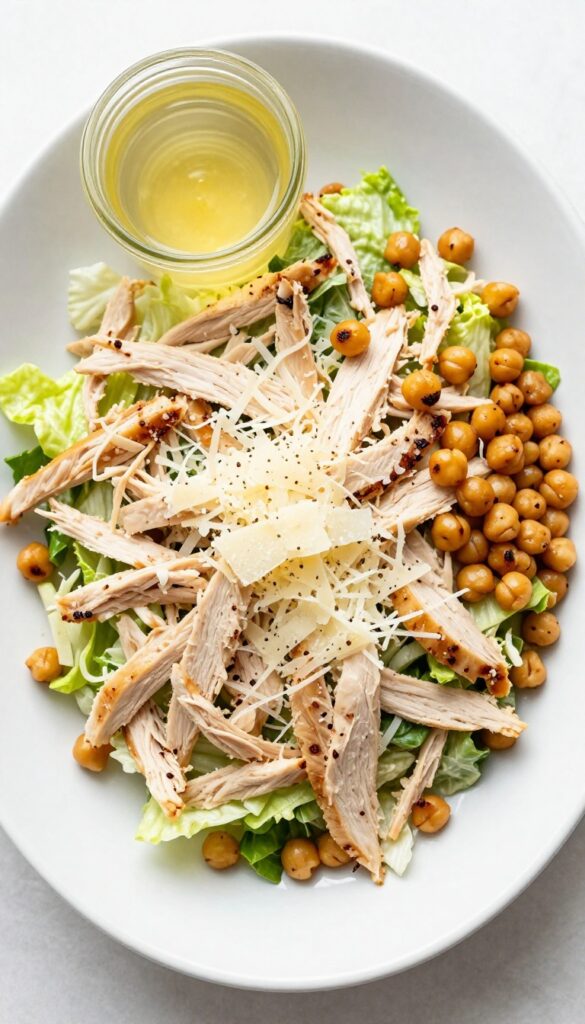 Shredded chicken Caesar bowl with crispy chickpeas and Parmesan cheese
