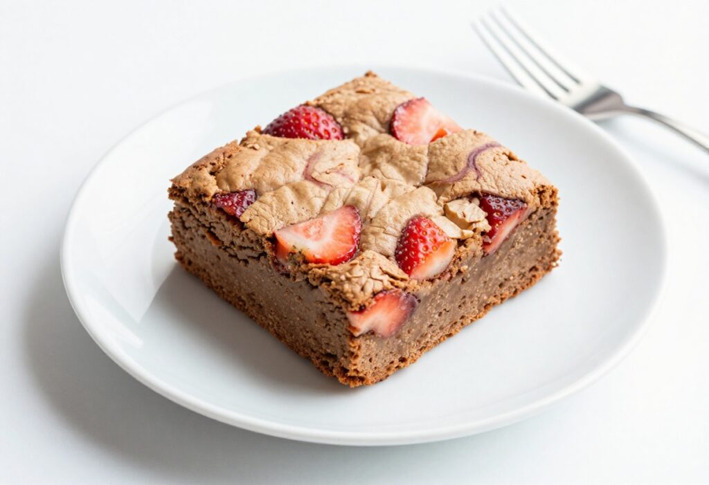 A fudgy strawberry brownie on a white plate with a fork, showing strawberry pieces and swirls.