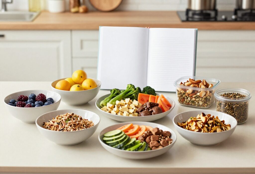 Balanced weight gain meal with chicken, quinoa, vegetables, avocado, milk, and almonds on a wooden table.