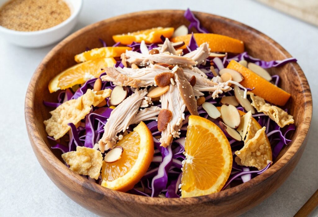 Chinese chicken salad with shredded chicken, cabbage, mandarin oranges, almonds, and crispy wontons in a wooden bowl