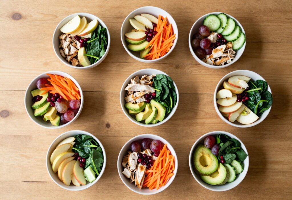 Seven bowls of fresh chicken salad with fruits and veggies on a wooden table