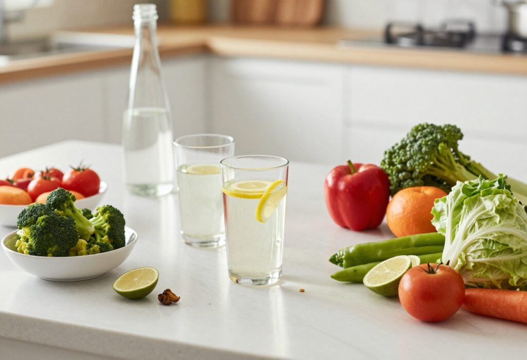 A glass of lemon water and a bowl of fresh fruits and vegetables on a kitchen counter, representing a liver detox diet.
