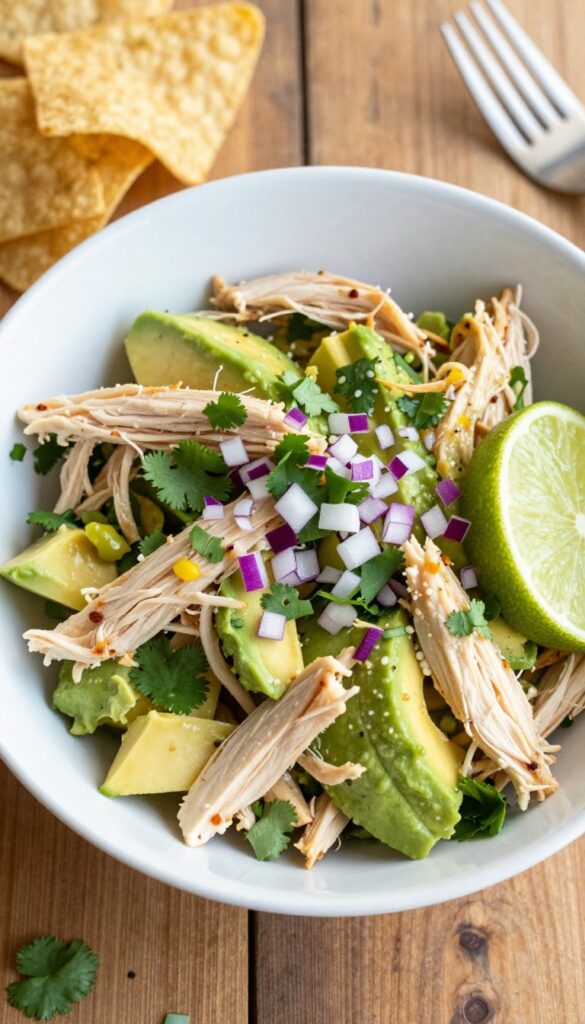 Creamy avocado chicken salad with lime in a white bowl, garnished with cilantro and red onion, with tortilla chips on a wooden table.