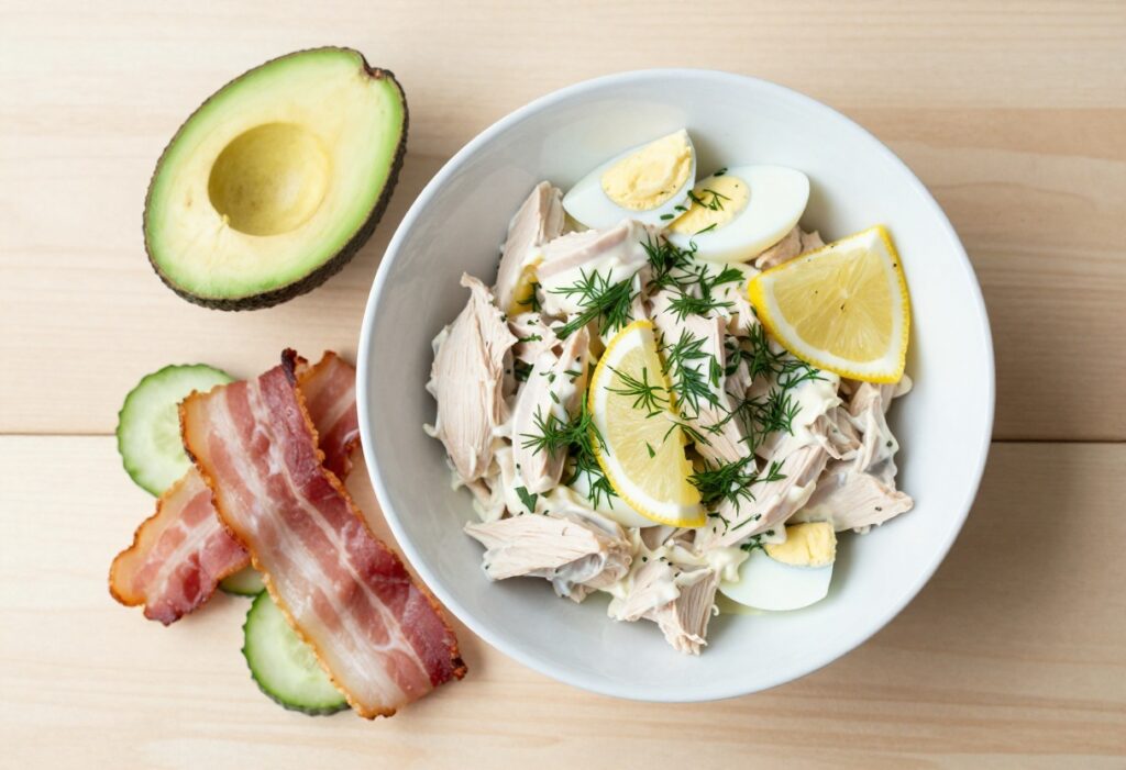 Bowl of keto chicken salad with avocado, bacon, eggs, and cucumber on a wooden table