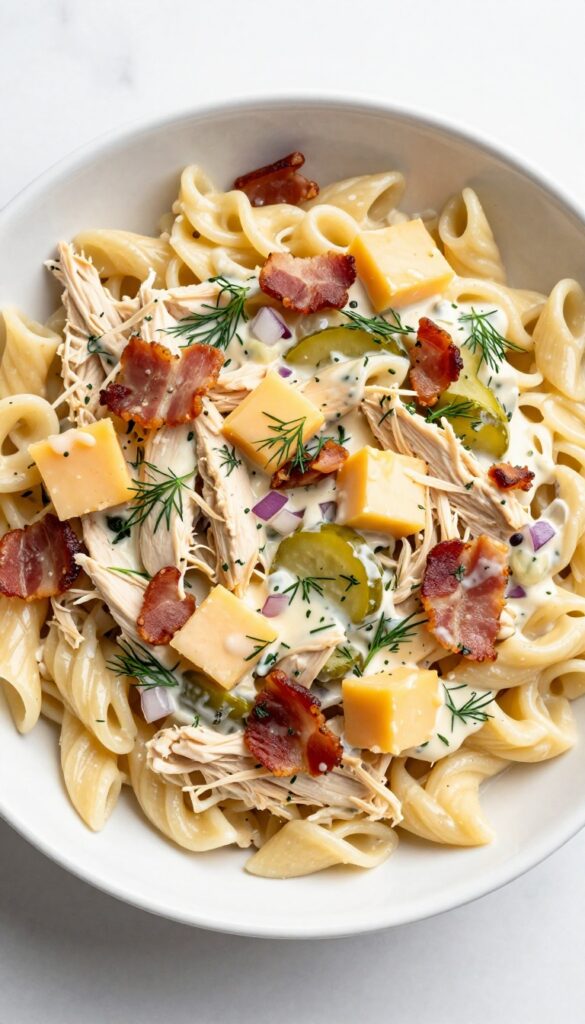 Dill Pickle Chicken Pasta Salad with Cheddar and Bacon in a white bowl