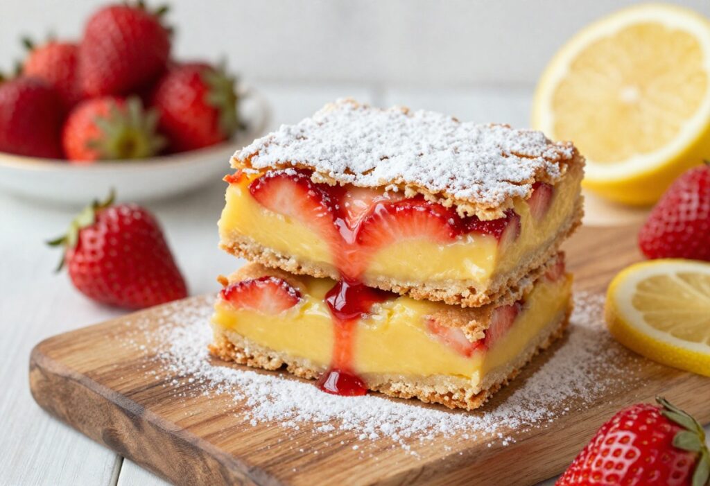 Stack of strawberry lemon bars on a wooden board with fresh strawberries and lemon slices