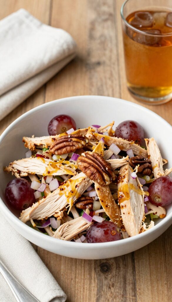 Smoked chicken salad with red grapes and pecans in a white bowl on a wooden table with iced tea and napkin.