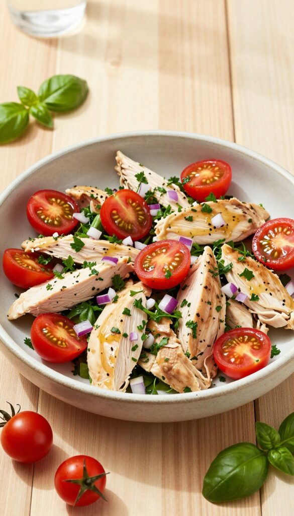Herbed garden chicken salad with cherry tomatoes and fresh herbs in a bowl on a wooden table.