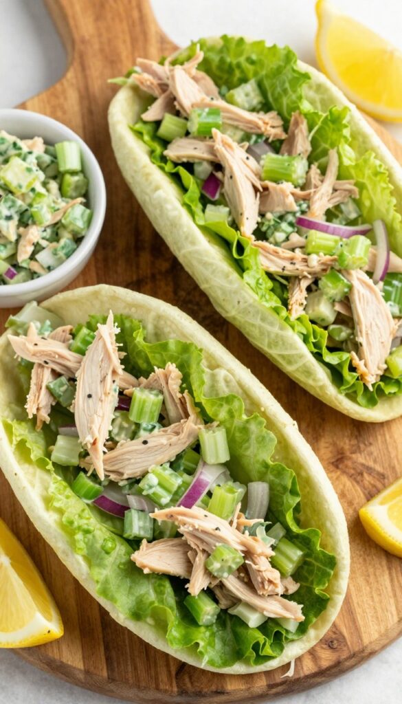 Lettuce wrap chicken salad on a wooden board
