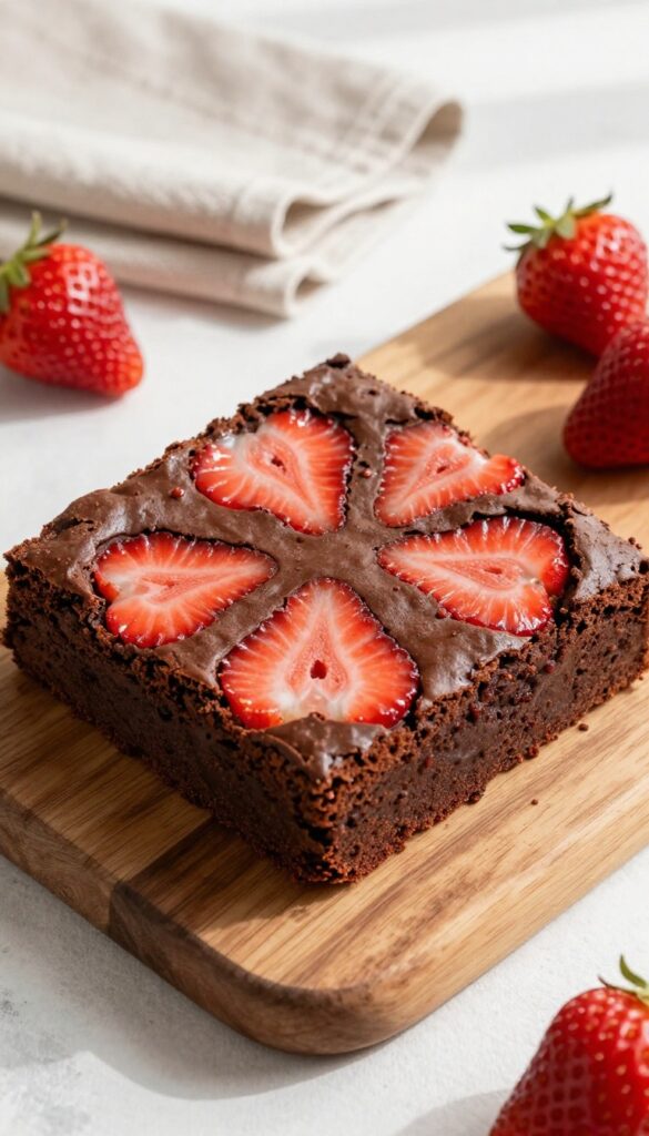 Classic Strawberry Swirl Brownies with rich chocolate and red strawberry marbling on a wooden board.