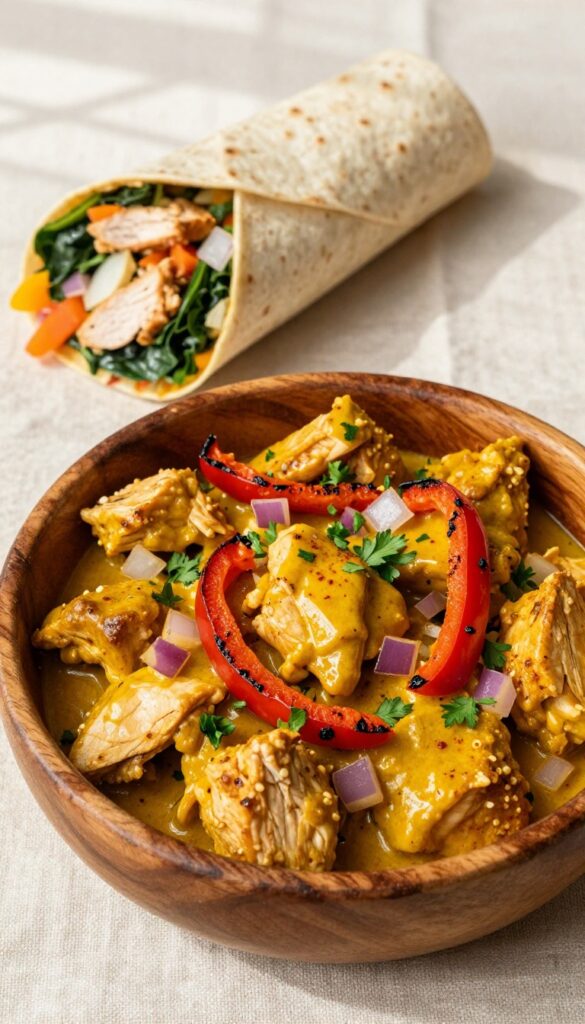Close-up of creamy smoked paprika and curry chicken salad in a wooden bowl with roasted red peppers and parsley, next to a sliced wrap filled with spinach.