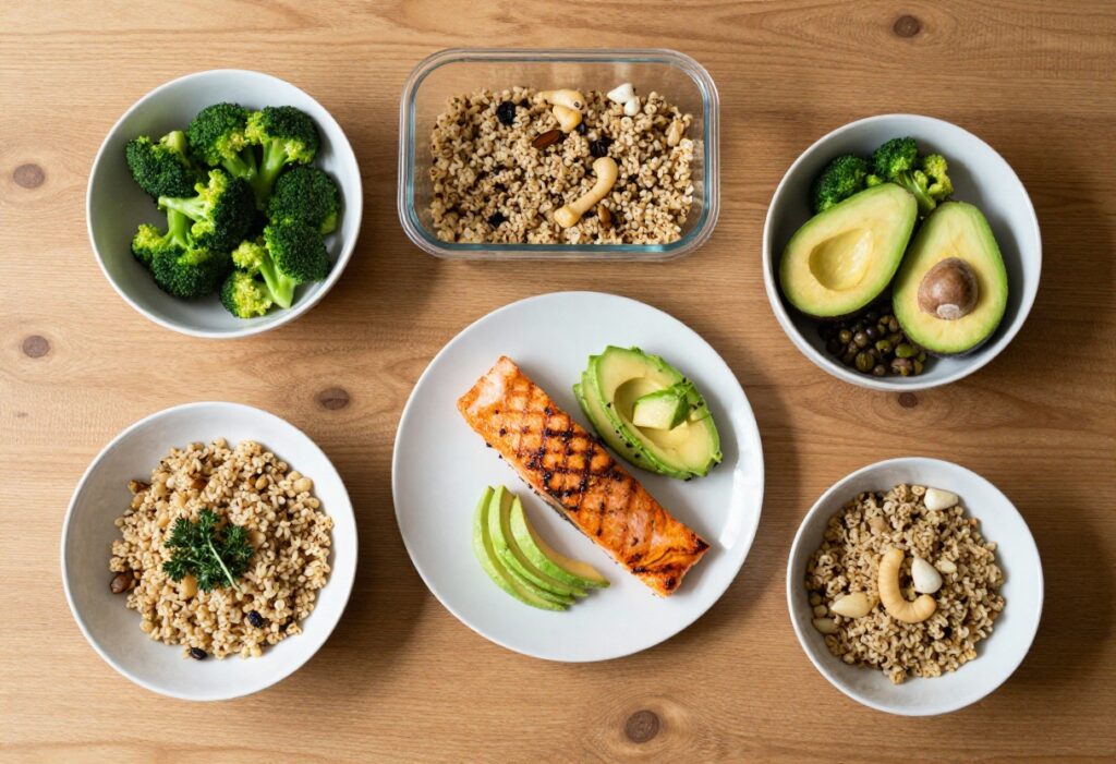 Balanced plate with salmon, quinoa, broccoli, and avocado for anti-acne diet