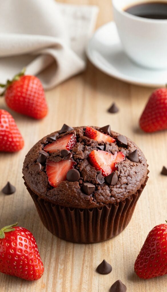 Freshly baked chocolate strawberry muffin on a wooden table with strawberries and chocolate chips.