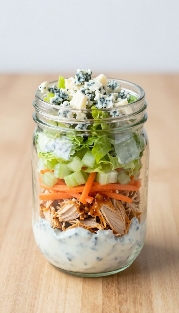 Mason jar layered with buffalo chicken salad showing ranch dressing, buffalo chicken, carrots, celery, blue cheese, and romaine lettuce.