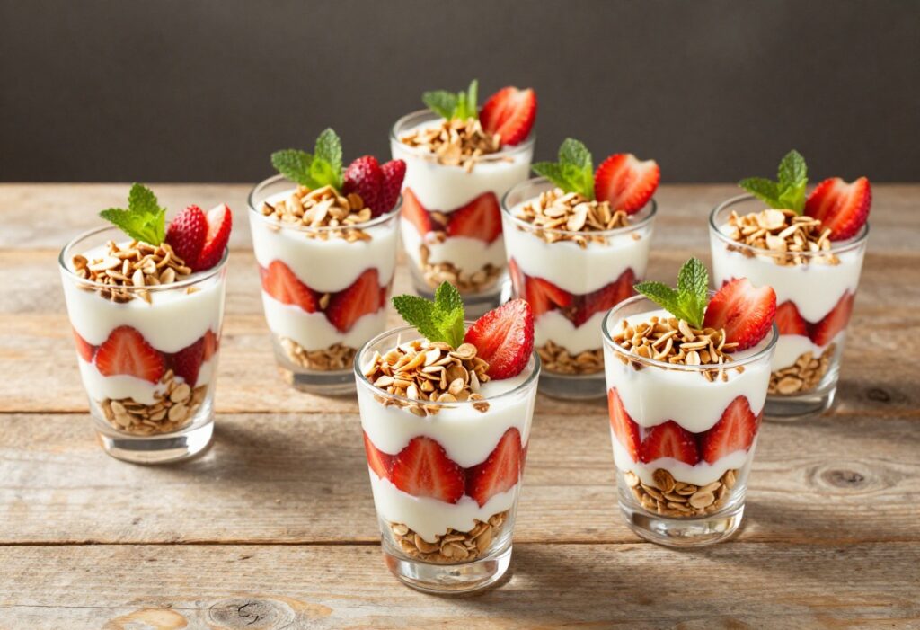 Six strawberry parfait cups in a row on a wooden table, showing colorful layers of berries, cream, and granola.