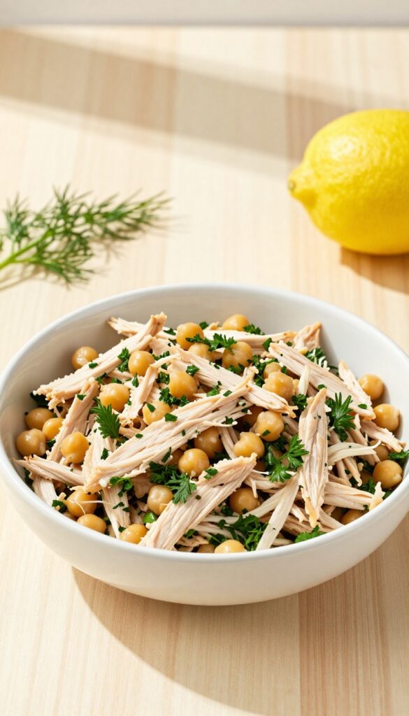 Lemon herb chickpea chicken salad in a white bowl on a wooden table with lemon and dill.