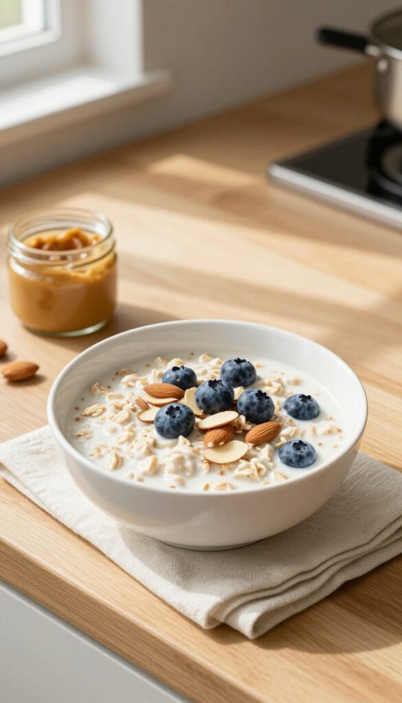 Overnight oats with berries and almond butter on a wooden counter