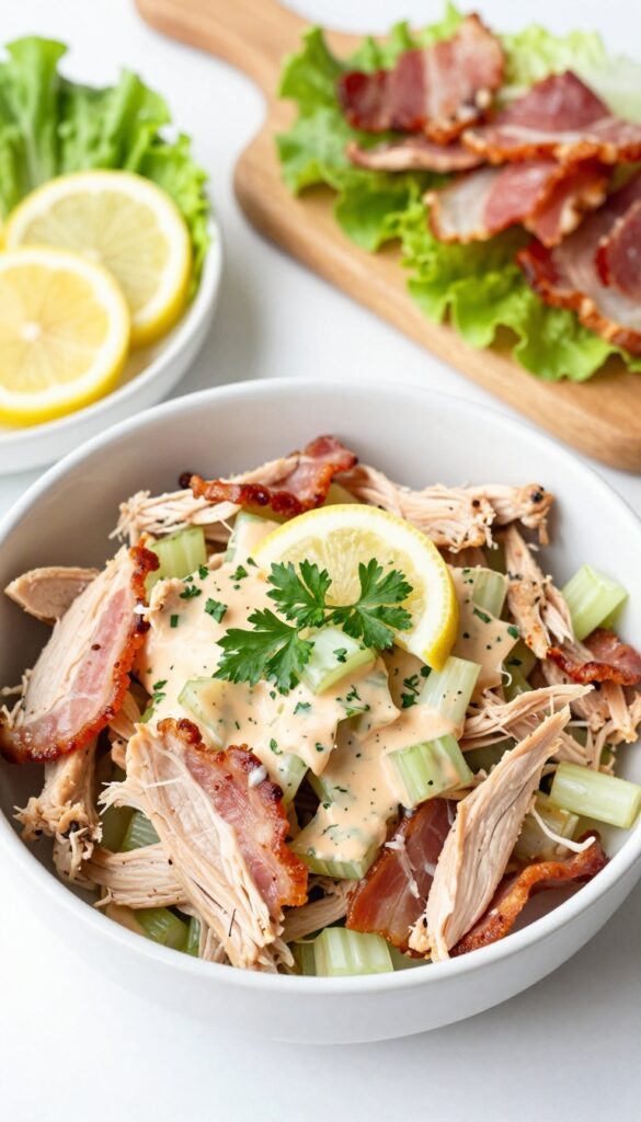 Bowl of smoky paprika chicken salad with bacon, celery, and lemon wedges on a wooden board with lettuce cups and pork rinds.