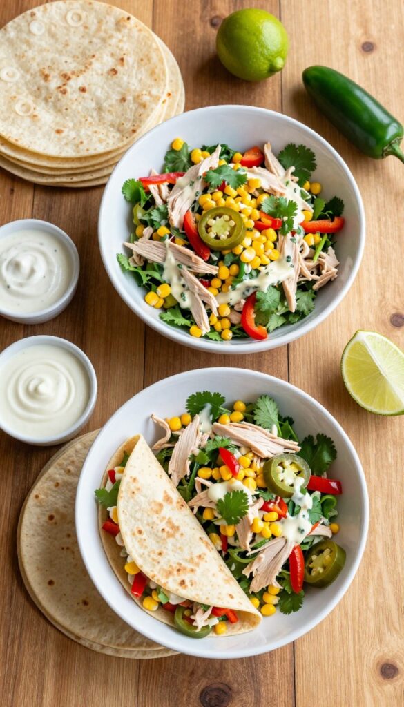 Southwest Ranch Chicken Salad with jalapeño and corn in a bowl on a wooden table with tortillas and fresh ingredients.