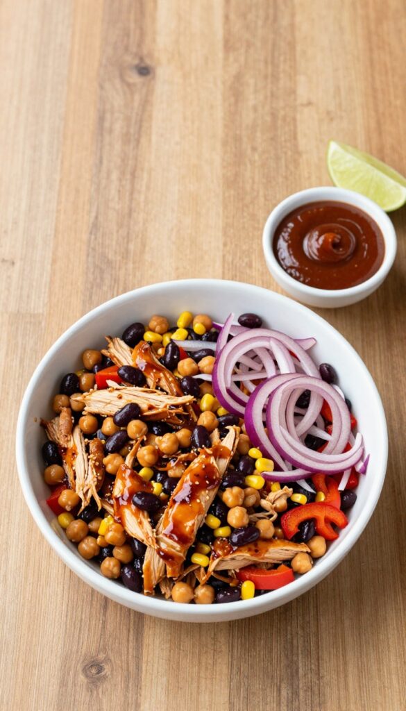 Smoky BBQ Chickpea Chicken Salad in a white bowl on a wooden table